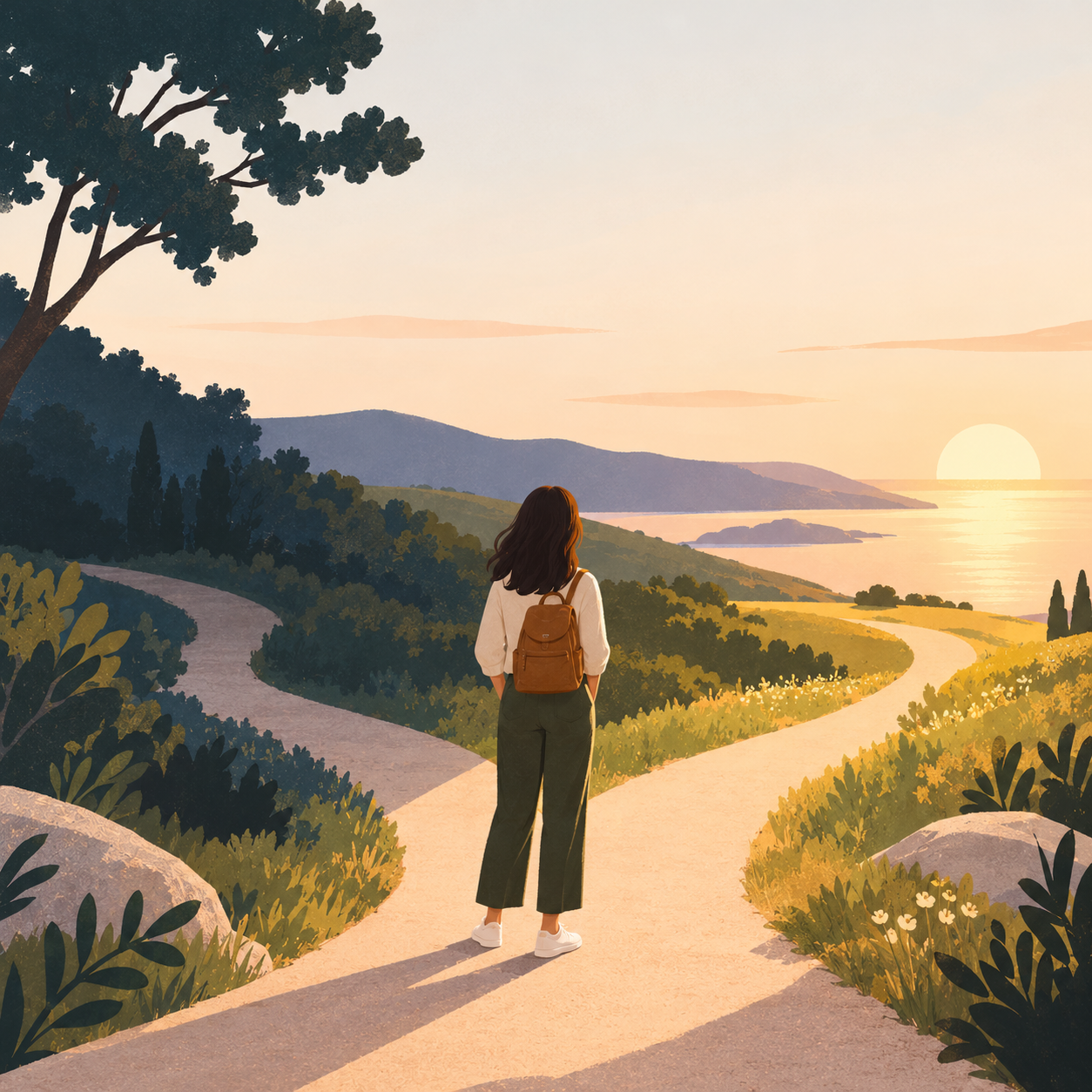 Illustration of a woman pausing at two coastal paths, with one leading toward warm sunlight.